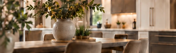 A vase of greenery on a dining table beside a warm kitchen.