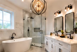 A freestanding bathtub, glass shower and double vanity.